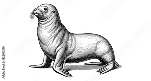 Vintage style engraving of a sea lion in black and white