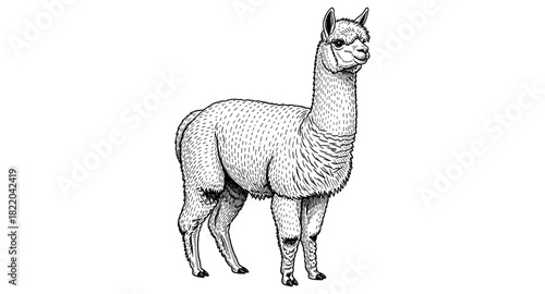 Detailed black and white alpaca standing alone in a classic line art style