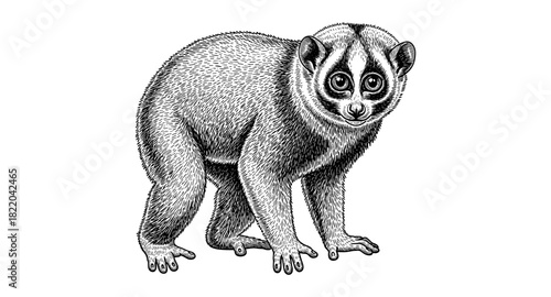 Detailed black and white illustration of a slow loris in a vintage engraving style