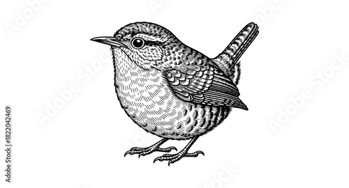 Detailed black and white engraving of a small bird