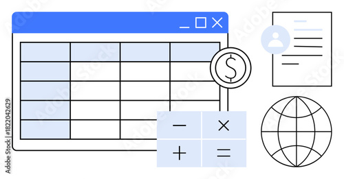 Spreadsheet interface, calculator with arithmetic signs, currency icon, user profile, document, and globe. Ideal for finance, budgeting, accounting data analysis global business education simple