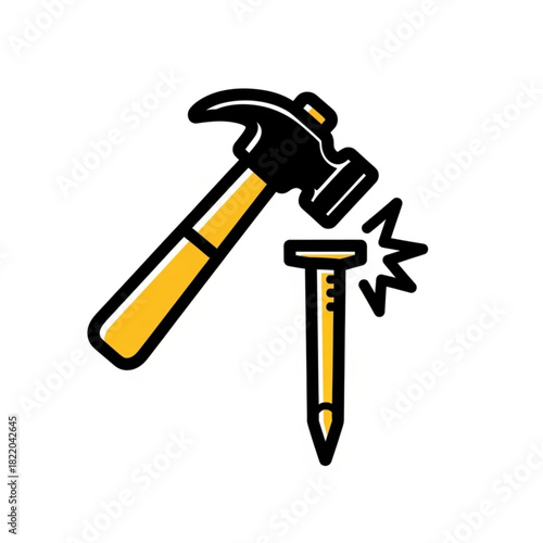 Hammer hitting a nail icon isolated on white background