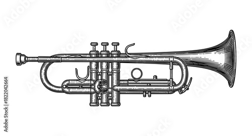 Detailed hand-drawn trumpet with vintage design on white background