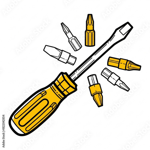 Screwdriver with interchangeable bits isolated on white background