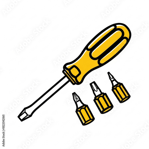 Yellow screwdriver with interchangeable bits isolated on white background