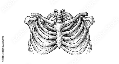 Detailed anatomical drawing of human ribcage skeletal structure