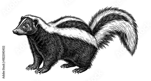 Detailed hand-drawn black and white skunk with textured fur and bushy tail on white background