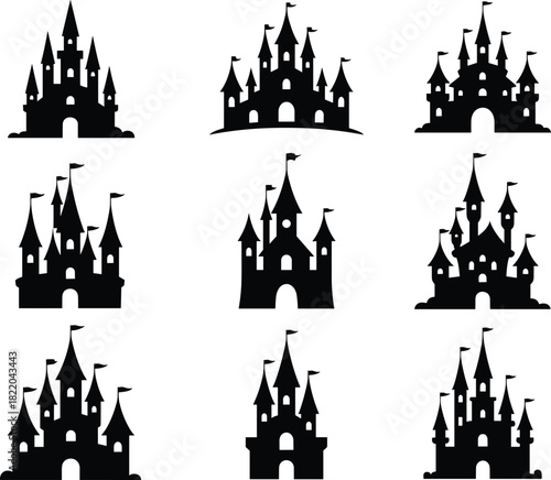 Black castle silhouette vector set featuring medieval fortress towers and fairy tale palace icons isolated on white background art design.