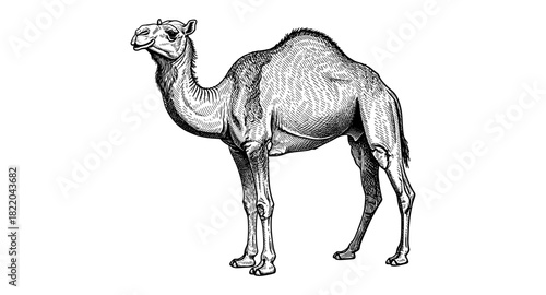 Detailed black and white camel art with intricate lines and textures