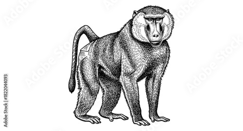 Detailed ink drawing of a baboon facing forward