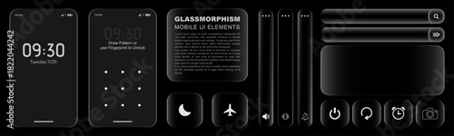 3d Liquid glassmorphism smartphone icons  and interface isolated for dark theme. White stoke UI light frame square and circle banner with glow stroke. vector illustration of an abstract background.