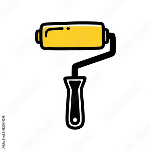 Illustration of a yellow paint roller with a black handle on a white background surface view silhouette