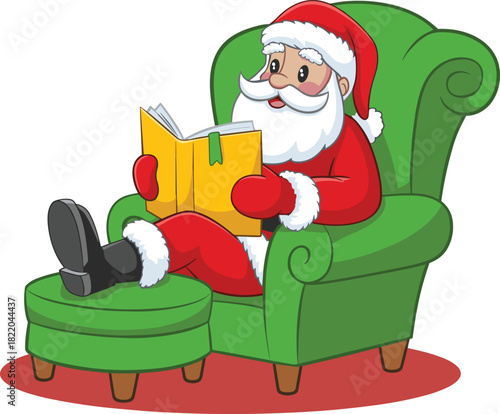 Cartoon Santa Claus sitting in green armchair with feet on ottoman reading yellow book for Christmas holiday vector illustration art.