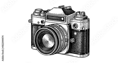 Detailed vintage camera engraving in black and white