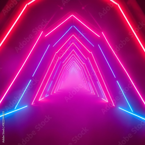 Infinite Neon Triangle Tunnel with Glow Effect and Fog, Futuristic Background