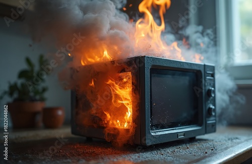 Microwave oven engulfed in flames and smoke sits on a kitchen counter. Appliance malfunction causes kitchen fire hazard. Electrical defect leads to home disaster.
