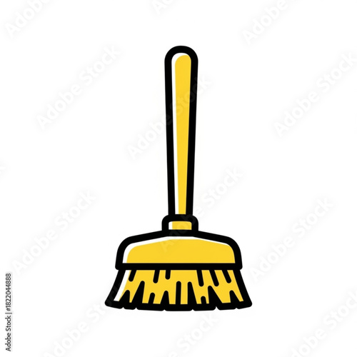 Illustration of a yellow broom with a long handle and black outline on a white background style design silhouette