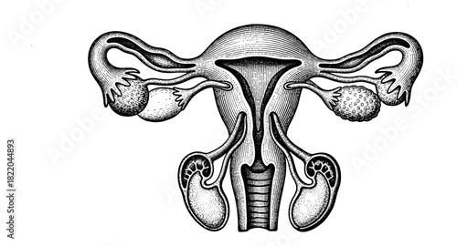 Detailed anatomical diagram of female reproductive system in vintage engraving style