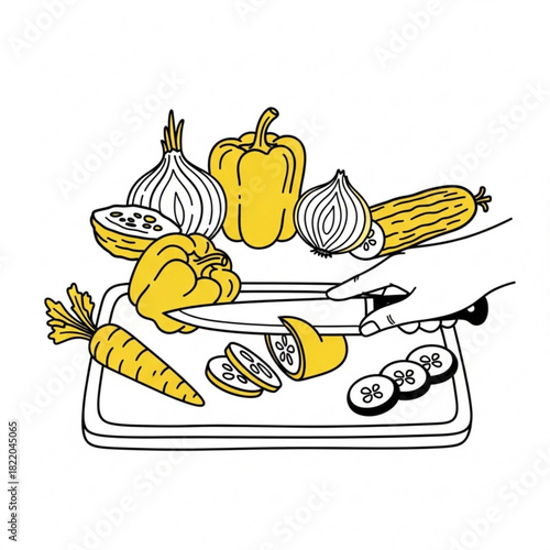 Hand with knife cutting vegetables on a cutting board with onions peppers and carrots shown too silhouette