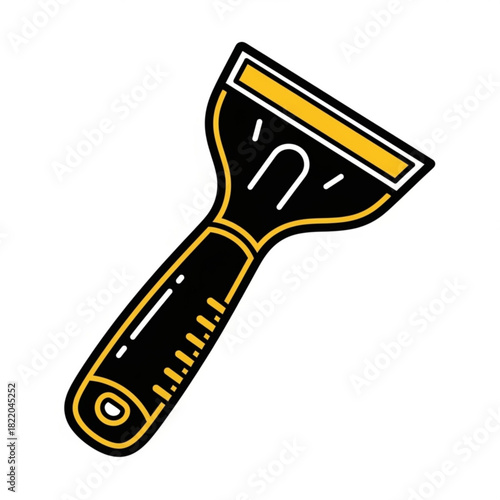 Illustration of a black and yellow ice scraper with a handle and a blade on a white background silhouette