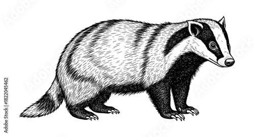 Detailed badger sketch with intricate fur texture in black and white