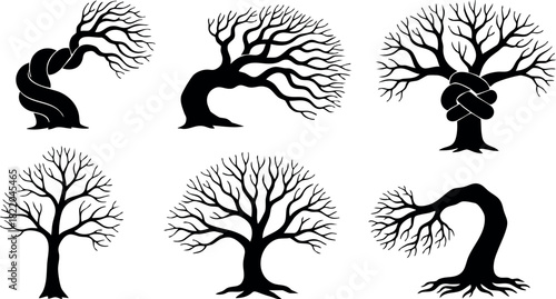 Twisted bare trees silhouette vector set with different shapes and bending branches natural design elements
