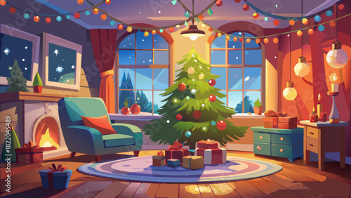 Very beautiful cozy Christmas scene featuring a fully decorated tree adorned with twinkling lights, colorful ornaments, and festive garlands, set in a warm and inviting living room interior.