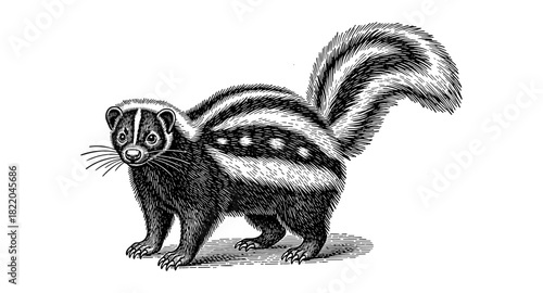 Detailed black and white drawing of a striped skunk with bushy tail