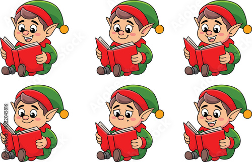Cute cartoon Christmas elf vector set sitting and reading a red book with different facial expressions for holiday design elements.