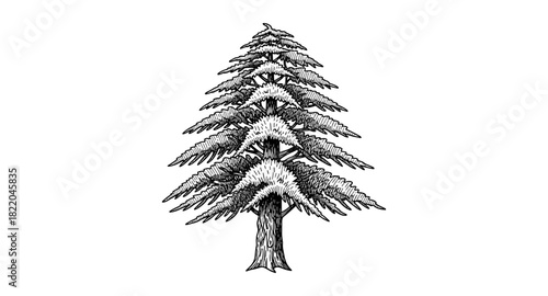 Detailed monochrome drawing of a tall evergreen tree with intricate bark and needles