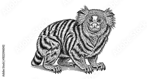 Detailed black and white drawing of a marmoset in vintage etching style