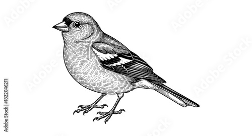 Realistic detailed drawing of a finch bird with intricate feather patterns
