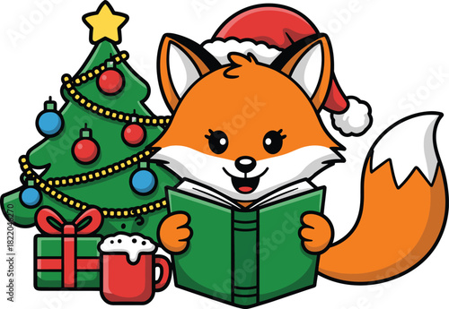 Cute cartoon fox wearing Santa hat reading book near decorated Christmas tree with gift and cocoa mug vector illustration.