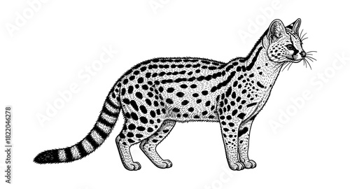 Intricate black white engraving of a spotted cat - wild animal art