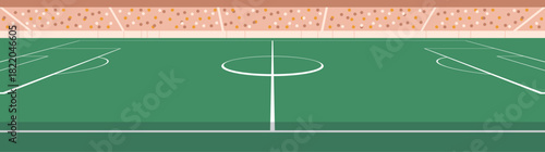 Football stadium field featuring green pitch, center circle, penalty areas, goal lines, audience stands, crowd pattern, sports arena environment, soccer field flat vector illustration.