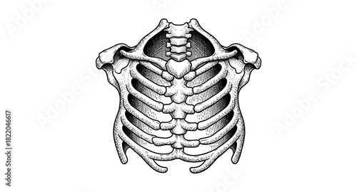 Intricate anatomical skeleton design in vintage engraving style