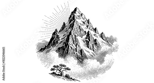 Majestic mountain peak rising above clouds with radiant sunburst in vintage etching style
