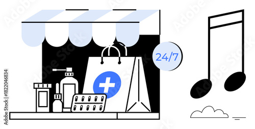 Online pharmacy. A storefront with medical supplies such as pills and sanitizer, highlighting 247 service. Online pharmacy s accessibility and convenience. For healthcare, e-commerce, medicine
