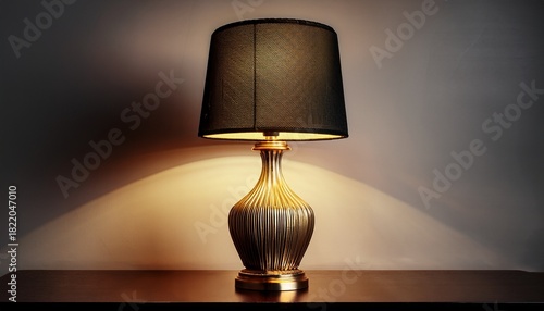 gold toned table lamp with a black tapered shade classic urn shaped base