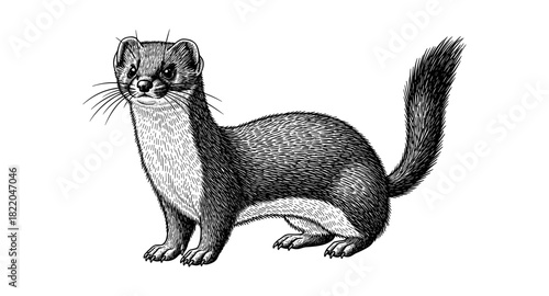 Detailed hand-drawn weasel illustration in vintage style on white background