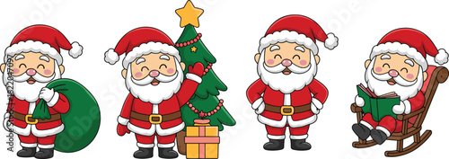 Cute cartoon Santa Claus vector set featuring poses like carrying sack waving near tree and reading book in rocking chair.