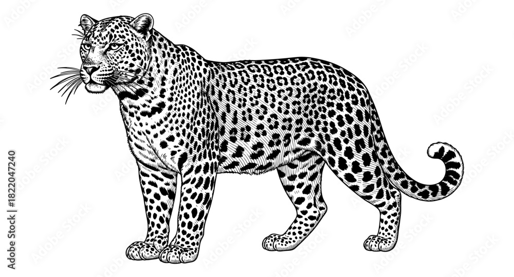 Obraz premium Detailed black and white leopard drawing with intricate dot and line patterns