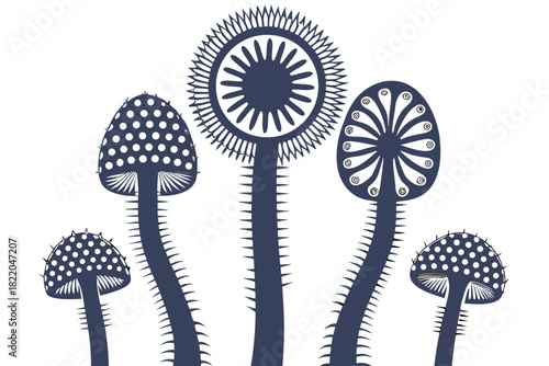 Group of stylized dark blue or black mushrooms with unique patterned caps and textured stems