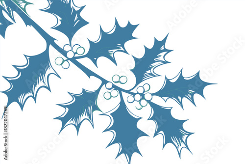 Stylized blue holly branch with sharp leaves and small berries, a classic winter and christmas botanical element