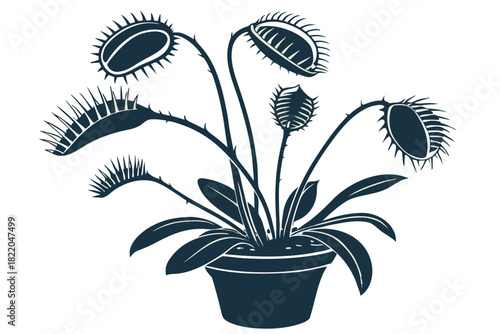 Silhouette vector illustration of a venus flytrap plant in a pot, a carnivorous plant known for its snapping traps