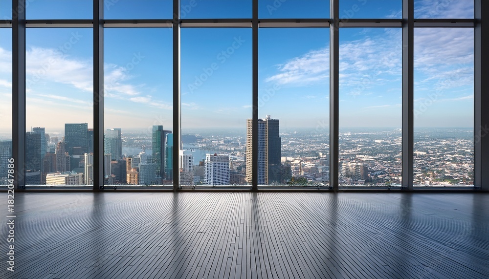 Fototapeta premium empty room with large windows overlooking a city 3