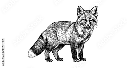 Detailed black and white sketch of a standing fox in profile view