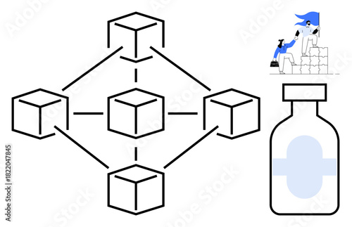 Interconnected blocks representing blockchain, a medical vial, and a worker arranging supplies. Ideal for technology, healthcare, logistics, innovation, transparency supply chain security. Simple