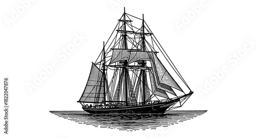 Vintage nautical sailing ship in detailed engraving style - classic maritime art illustration