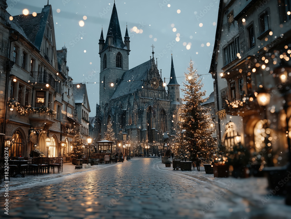Obraz premium Charming European Old Town Square with Christmas Lights and Historic Church at Dusk